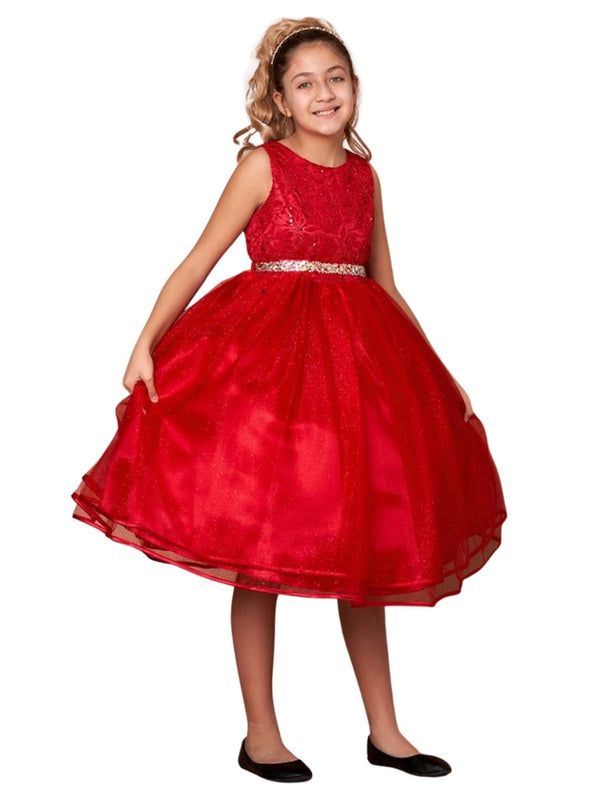 Little Girls Red Lace Sequin Belt Glitter Tulle Flower Girl Dress 2-6 - SophiasStyle.com